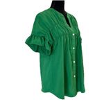 SheIn Kelly Green Button Front Blouse Ruched Ruffle Sleeve  Size Large Photo 4