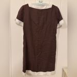 Vintage Brown & White Linen Short Sleeve Square Neck Shift Dress Tunic Photo 11