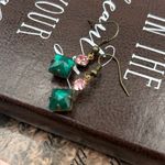 Vintage Emerald Green Pink Rhinestone Dangle Earrings Antique Copper Photo 5