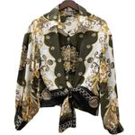 Soho NYC Green/Gold Scarf Print Front Tie Blouse S Photo 0