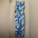 Nicole Miller Blue & White 16 Tropical Print Sleeveless Jumpsuit With Sash Tie Photo 12