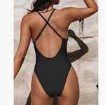 Cupshe  Deep V-Wire Cross Back Cheeky One Piece Swimsuit Size Large Black Photo 3