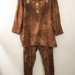 Vintage 80s Brown Cotton Tie Dye Southwestern Fringe Top Pants Set Outfit L XL Size undefined Photo 0