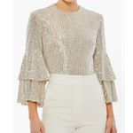 Mac Duggal  NWD Size Small Nude Silver Ruffle 3/4 Sleeve Sequin Bodysuit R26822 Photo 0