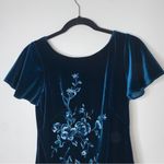 White House | Black Market WHBM Teal Velvet Lace Trim Floral Embroidered Flounce Sleeve Dress XS Petite Photo 2