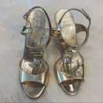Gucci  Women's Size 7B Gold Metallic Studded T Ankle Strap Stiletto High Heels Photo 1