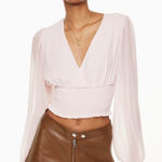 Wilfred Aritzia Wistful V Neck Sheer Long Balloon Sleeve Smocked Top Pink Medium Photo 0
