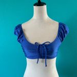 Aerie NWT  Shine Rib Cropped Bikini Top Blue Ruched Scoop Back Swim Beach Size S Photo 2