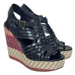 Tory Burch Women’s Raven Black Leather Multi Color Espadrille Wedge Photo 1