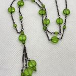 Vintage Green Glass Beaded Pendant 18'' Necklace Sterling 925 Silver 8g Patina Photo 1