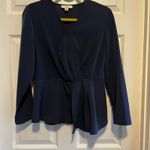 H by Halston Halston Long Sleeve Peplum Top Navy Blue Surplice V-Neck Career Blouse Minimal Photo 0