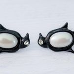 Vintage Avon Clip On Earrings Black Penguin with Pearlescent Center Photo 6