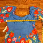 Farm Rio  Women’s XS Linen Blend Printed Mini Dress Blue Red Flower Puff Sleeve Photo 4
