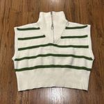 Anthropologie Maeve Sweater Vest Womens One Size Green Cream Striped 1/4 Zip Boxy Anthro Soft Photo 0