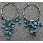 Vintage Silver Hoop Earrings w/Blue & Turquoise Ball Bead Chunks Dangles Blue Photo 1