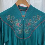 Vanity Fair Vintage  Velour Embroidered Housecoat Robe Small Turquoise 1/2‎ Zip Photo 1