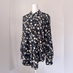 Vera Wang Simply Vera  Black Floral Print High Low Tab Sleeve Collared Blouse Photo 1