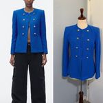 ZARA  Women Blue High Neck Double Breasted Textured Tailored Cotton Blazer Size M Photo 1