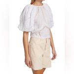 frame denim Frame Small Inset Lace Gathered Seam Top White Puff Sleeve Semi-Sheer Cropped Photo 9