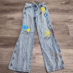 PacSun  Baggy Jean 26 Painted Denim Paint Flower Rainbow Sun Eye Button Fly Photo 0