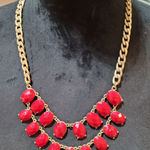 Womens Gold Chain Necklace With Red Oval Gemstones And Lobster Claw Lock Jewelry Photo 0