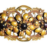 Antique Brooch Victorian Art Nouveau Gold Tone Floral Gilt Brass Dark Glass Photo 0