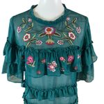 Lulumari  Teal Sheer Ruffle Blouse Floral Embroidered Boho Festival‎ Top Medium Photo 1
