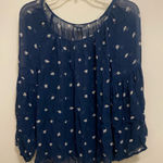 Lucky Brand Womens Peasant Top Shirt S Sheer Navy Blue Cream Leaf Leaves Print Photo 0