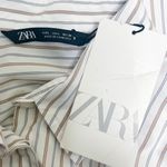 ZARA White Taupe Stripe Button Up Distressed Raw Hem Collar Crop Top New Large Photo 7