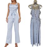 Blush J Striped Jumpsuit Blue White Chambray Sleeveless Belted Crop Medium EUC Photo 1