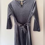 Hidden Alley  Gray Long Sleeve Velvet Pleated Dress With Tie Detail Photo 3