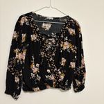About A Girl  Boutique Black Floral Mock Wrap Cropped Blouse Size Medium 3/4 Photo 1