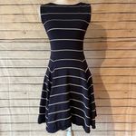 Alice + Olivia  Bolton Ottoman Pinstripe Flare Navy Blue & White Dress Size Small Photo 8