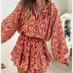 Boutique Vibrant Orange and Purple Aztec Patterned Long Sleeve Romper, Sz S Photo 1