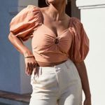 Abercrombie & Fitch Abercrombie O-Ring Puff Sleeve Sweetheart Neck Smocked Cropped Blouse Top XS Photo 0