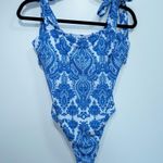 SheIn White & Blue Paisley Tie Shoulder One Piece Swimsuit Size Medium Photo 0