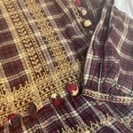 ZARA  Red Gold Pom Pom Longsleeve Peephole Plaid Dress Fall Extra Small XS‎ Photo 1