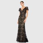 Mac Duggal 50644 Black Lace Plunge Neck Short Puff Sleeve Trumpet Gown Photo 2