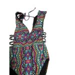 No Boundaries Tribal Print One Piece Swimsuit Plunge‎ Neckline Tie Straps Size M Photo 1