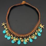 Unsigned Faux Turquoise Starfish Dolphin Beach Theme Crocheted Bohemian Necklace Blue Photo 2