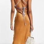 ASOS NWT DESIGN Satin Midi Lace Up Back Color Block Dress Camel Lilac Size 4 Photo 1