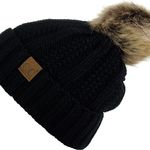 Thick Cable Knit Faux Fuzzy Fur Pom Fleece Lined Skull Cap Cuff Beanie Photo 1