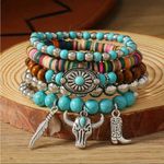 Western Lovely Vibrant Turquoise Stone Beaded Stretch Bracelet Elegant Stackable Brown Photo 1