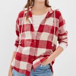 American Eagle  Red And White Oversized Hooded Flannel Size S Photo 0
