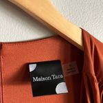 Maison Tara Rust Satin Ruched Midi Dress Size 4 Puff Sleeve Wrap Cocktail Orange Photo 3
