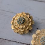 Vintage Clip On Earrings Gold Tone Flower with Light Blue Accents Photo 4