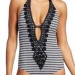 Mossimo Crochet Trim Black White Stripe Halter Plunge One Piece Swimsuit Small Photo 0