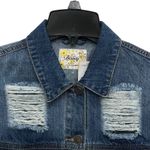 Daisy  Blue Distressed Long Denim Jacket Women's Size Large Frayed Hem Pockets‎ Photo 3