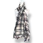 Roxy  Neutral Plaid Lightweight Scarf Black Gray Cream Fringe Classic Accessory Photo 1