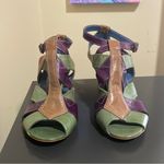 LAZIO COLLEZIONE Leather Green Purple Brown Bubba 2.5” Wedges $195 EUC 6.5 Photo 2